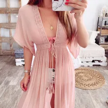 Шифоновый купальник, кафтан, длинный кардиган, женская пляжная одежда, кружевной топ, костюм, однотонный, розовый, желтый, бандаж, бикини, накидка, летнее пляжное платье