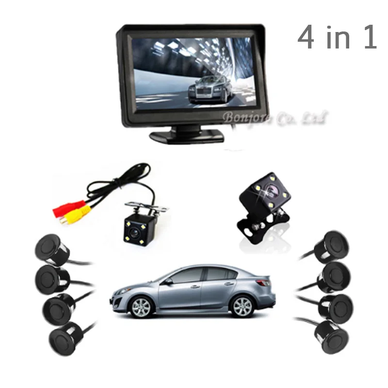 

4 in 1 4.3' Car TFT Monitor Dual Core Reverse Radar 8 Alarm Sensors with Front View Camera + Rear view Camera Parking System