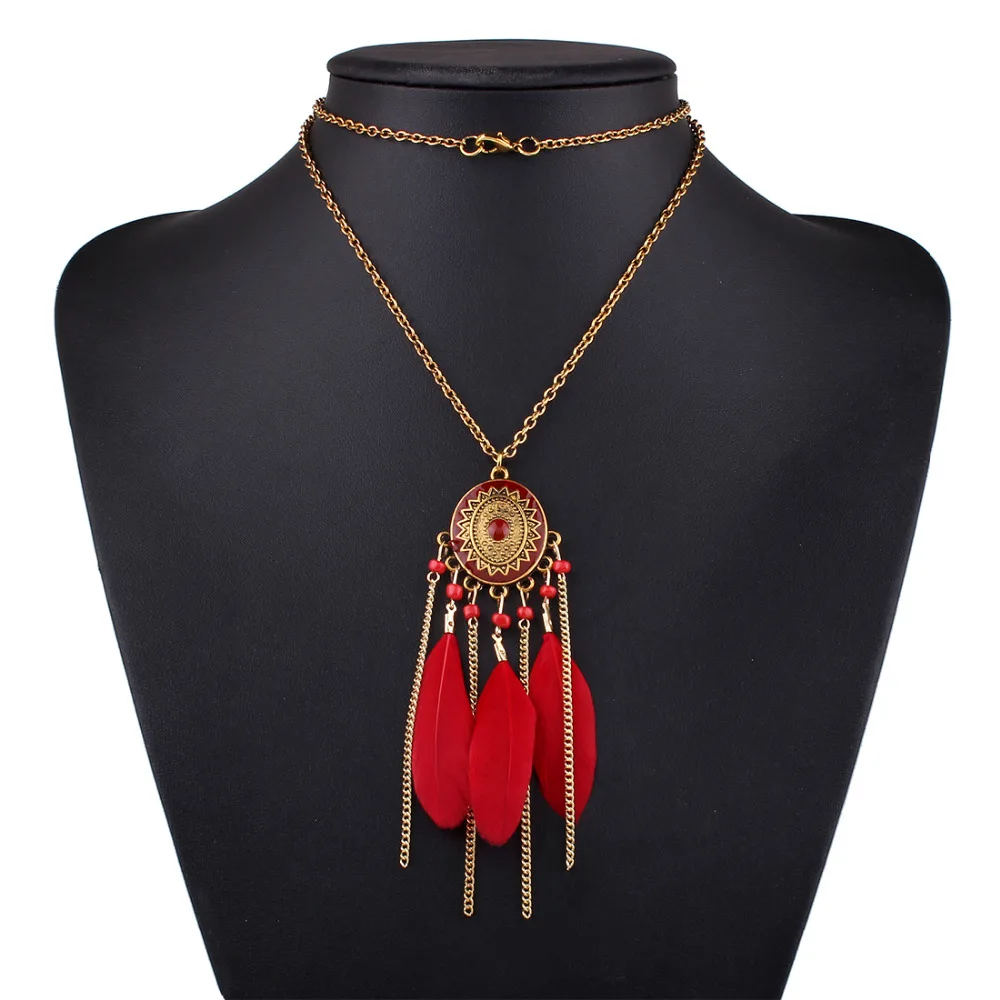 Blue Feather Seed Bead Tassel Necklace Black Ethnic