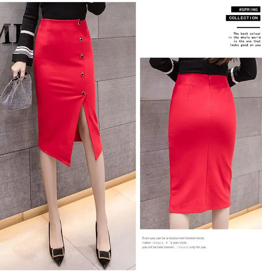 SEXMKL Женская Элегантная черная юбка-карандаш 2018 корейская мода зима высокая талия юбки Офисная женская уличная Кнопка красная юбка