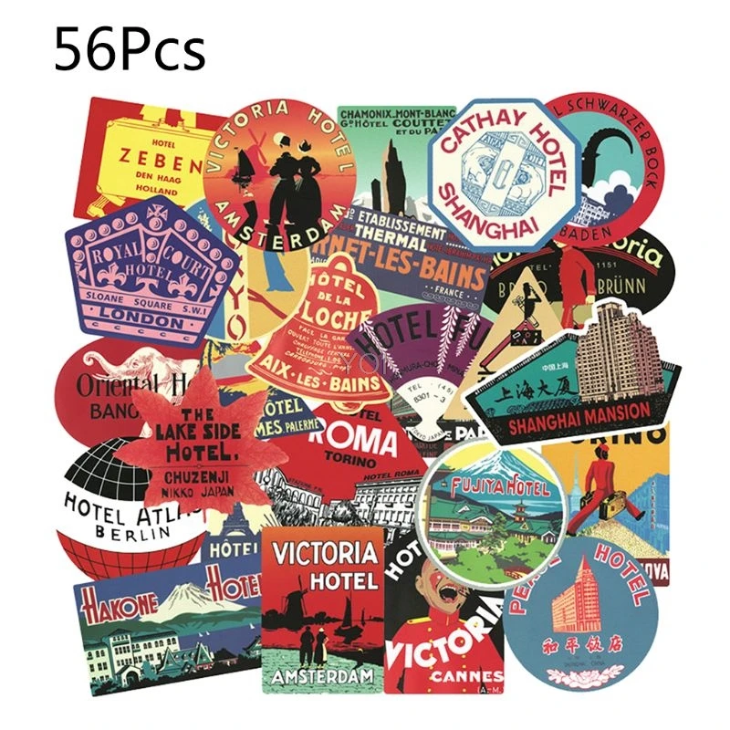 

56PCS Waterproof Sunscreen PVC Retro Decal Labels Funny Removable Car Fridge Luggage Suitcase Travel Graffiti Stickers