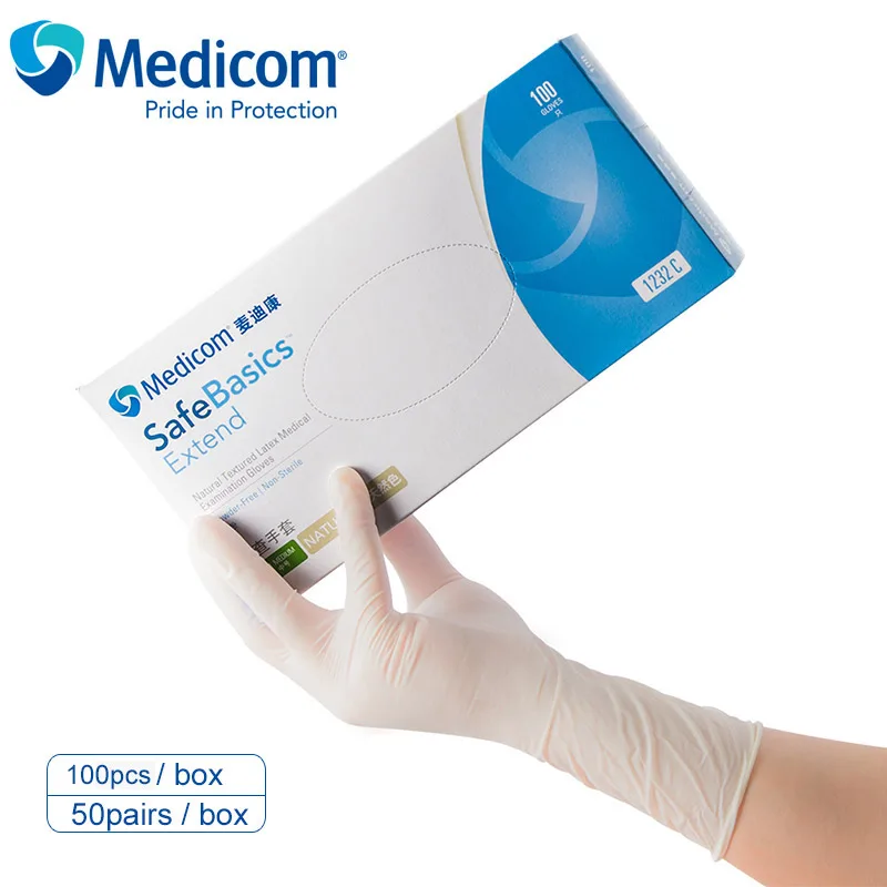 

Medicom Latex Gloves Food Grade Safety 100pcs Lengthen Non-Slip Rubber Disposable Glove Boxed White Catering Kitchen Baking