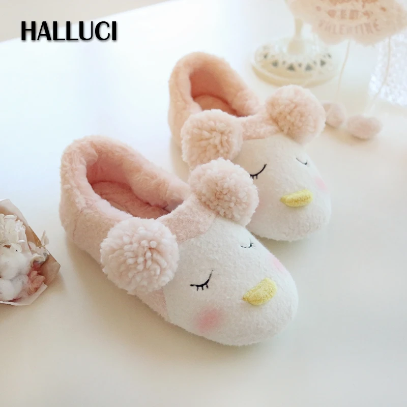 melhor HALLUCI Bonito sapatos de inverno quente mulheres chinelos casais de pelúcia ovelhas kawaii indoor chinelos casa mulheres sapatos fundo macio