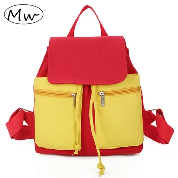 

Moon Wood Preppy Style Red Yellow Panelled Canvas Backpack Double Pocket Drawstring Backpack School Bags For Teenager Girls 2019