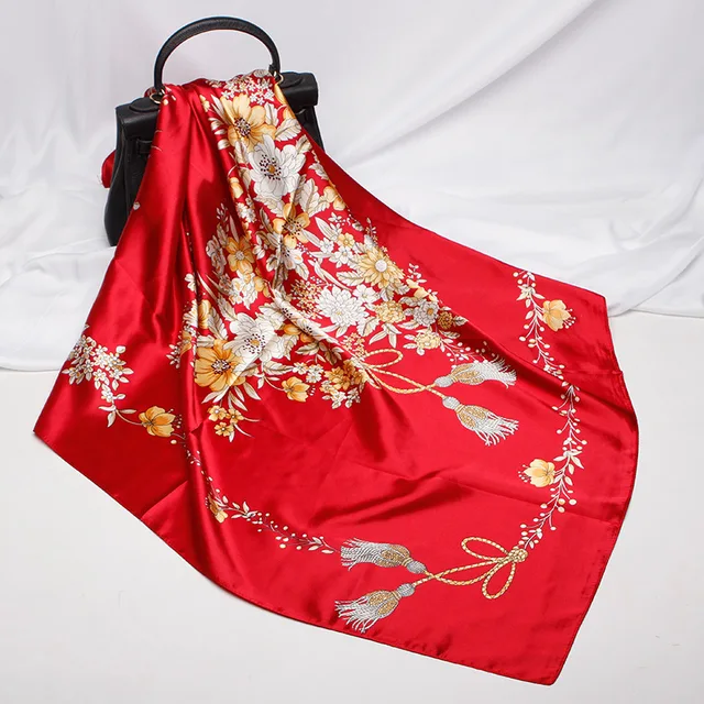 Fashion Kerchief Hair Scarf For Women Print Silk Satin Hijab Scarfs 90*90cm Square Neckerchief Headband Scarves For Ladies 2021 W42534