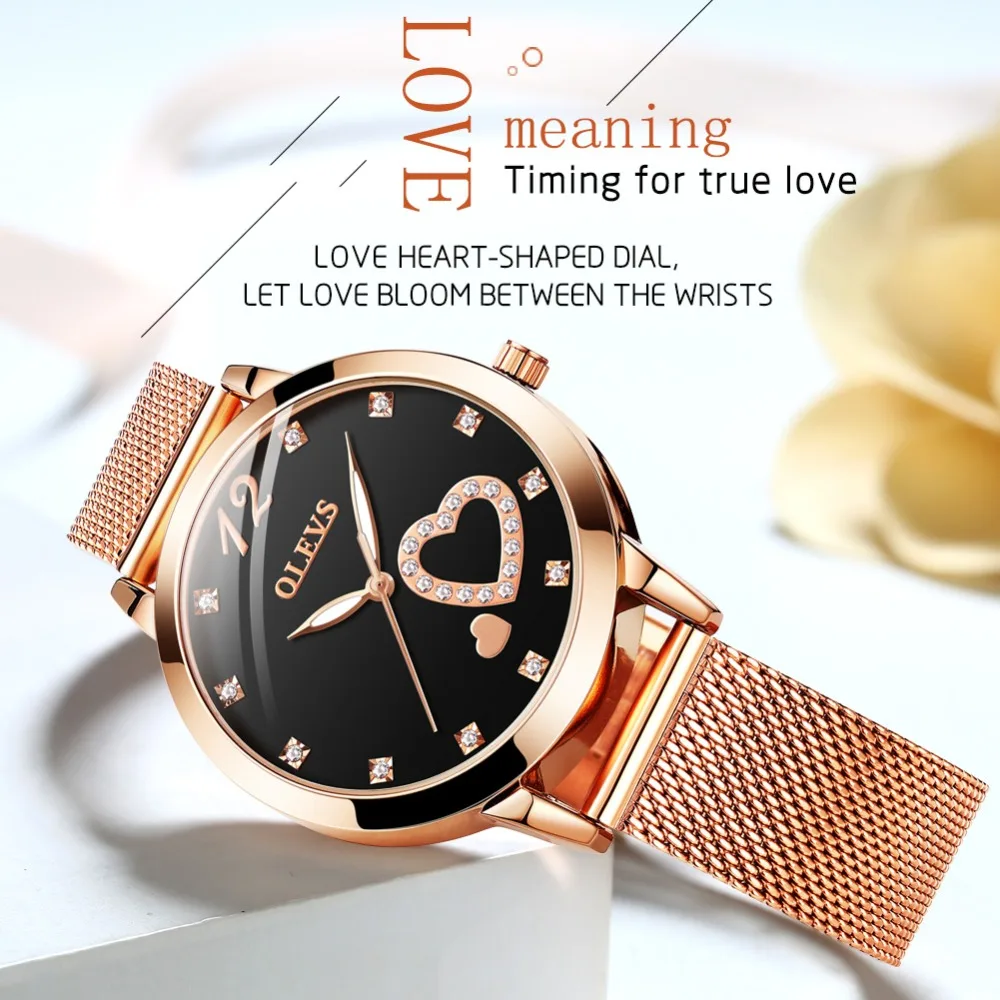 

OLEVS Rose Gold Watch Women Heart-shaped Black Ladies Top Brand Crystal Luxury luminous Wrist Watch Girl Clock bayan kol saati