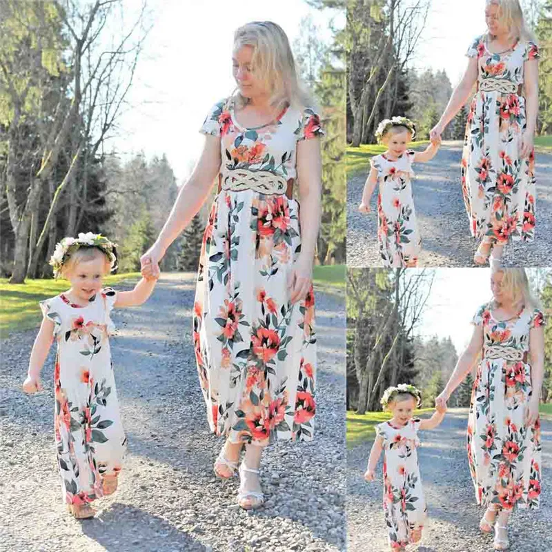 

PUDCOCO Summer Family Mother Daughter Matching Clothes Mom Kids Girl Long Boho Dress