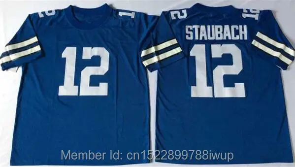 

men Embroidered Logo 12# Roger Staubach throwback high school FOOTBALL JERSEY blue white Size M-3XL