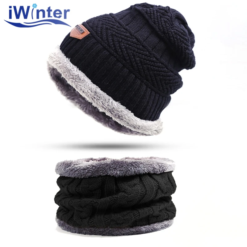 

IWINTER Fashion Men Warm Winter Hat Scarf Soft Knitted Hat Scarf Set Skullies Beanies Winter Hat For Women Unisex Knitted Caps