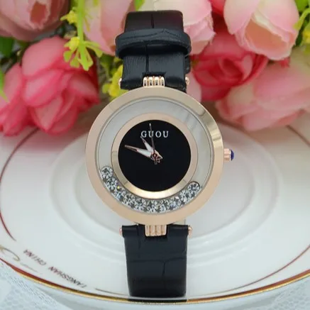 Высокое качество горячая распродажа Женские часы Rolling Drill роскошные часы Quicksand подарок часы натуральная кожа Стразы Наручные Часы GUOU 8039