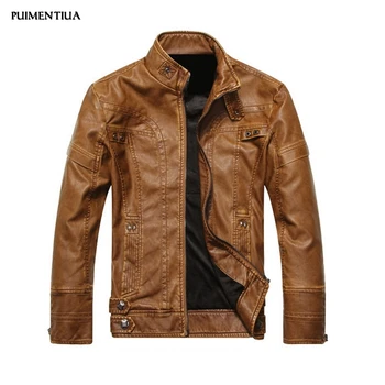 

Puimentiua 2019 Men's Leather Biker Casual jacket Stand collar pu jacket Autumn Winter Male Solid Zipper Leather Plus Size 5XL