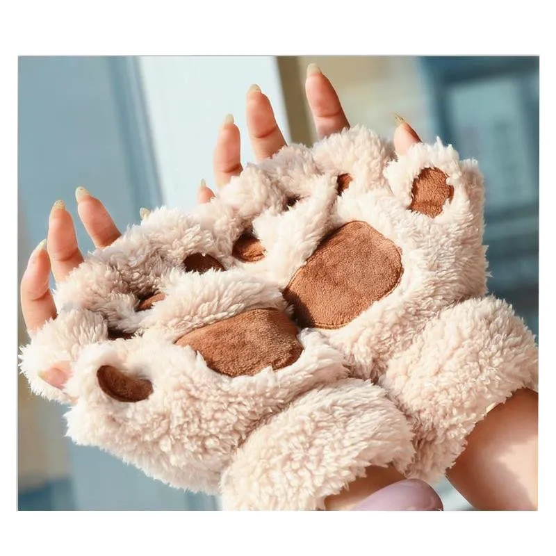 Новые зимние теплые плюшевые перчатки с котом и лапой женские модные короткие