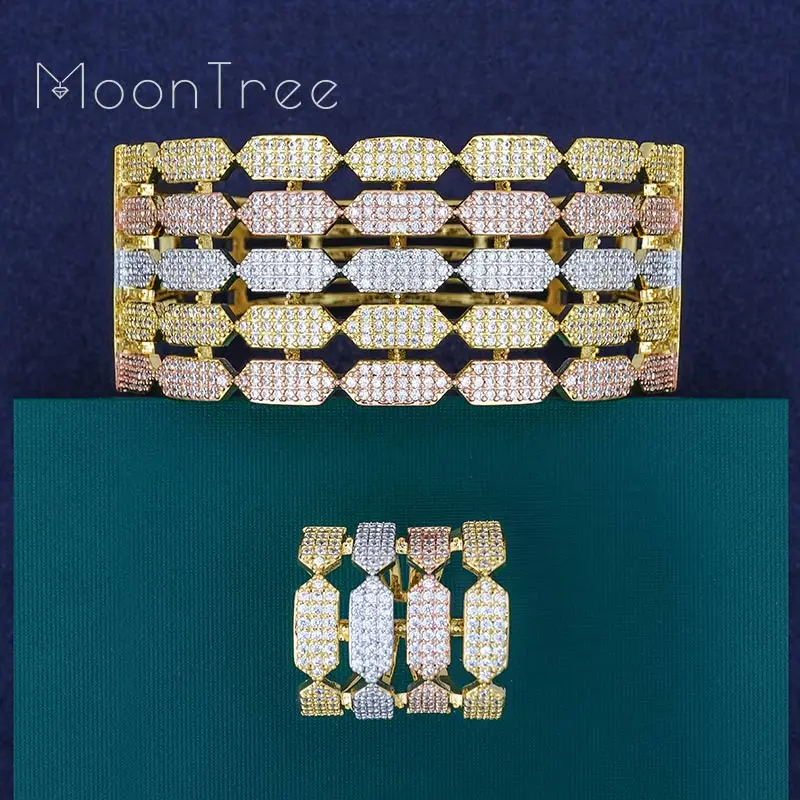 

MoonTree Luxury Special Geometry Super AAA Cubic Zirconia 3 Tone Color Width Bracelet Bangle Earring Ring Set for Women