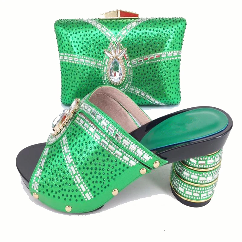 SB8156-2 Low heel 3 inches slippers with many stones for old lady to match african aso ebi wedding party bright green size 37-43
