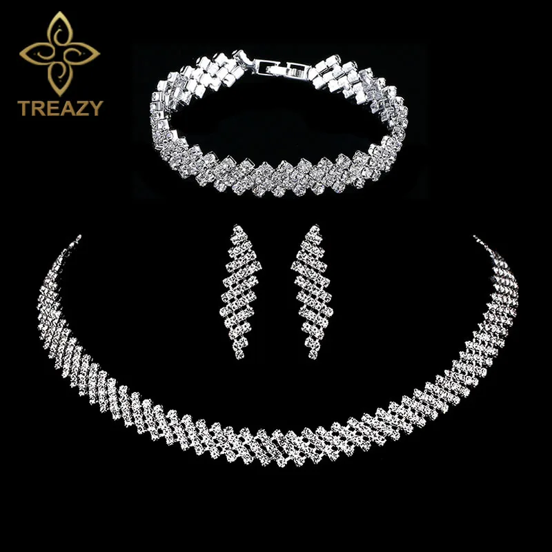 

TREAZY Luxury Crystal Bridal Jewelry Sets Silver Rhinestone Choker Necklace Earrings Bracelet Set for Women Wedding Jewelry Set