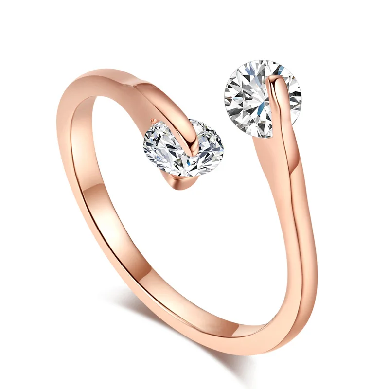 Double Fair Shiny Zircon Stone Women's Ring Adjustable Female Rose Gold Color Fashion Crystal Jewelry Ring For Women DFR007