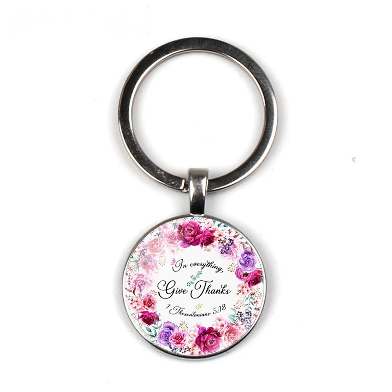 

Fashion Silver Catholicism Bible Verse Keychains Round Pendant Glass Scripture Quote Faith Christian Key Rings Religious Trinket