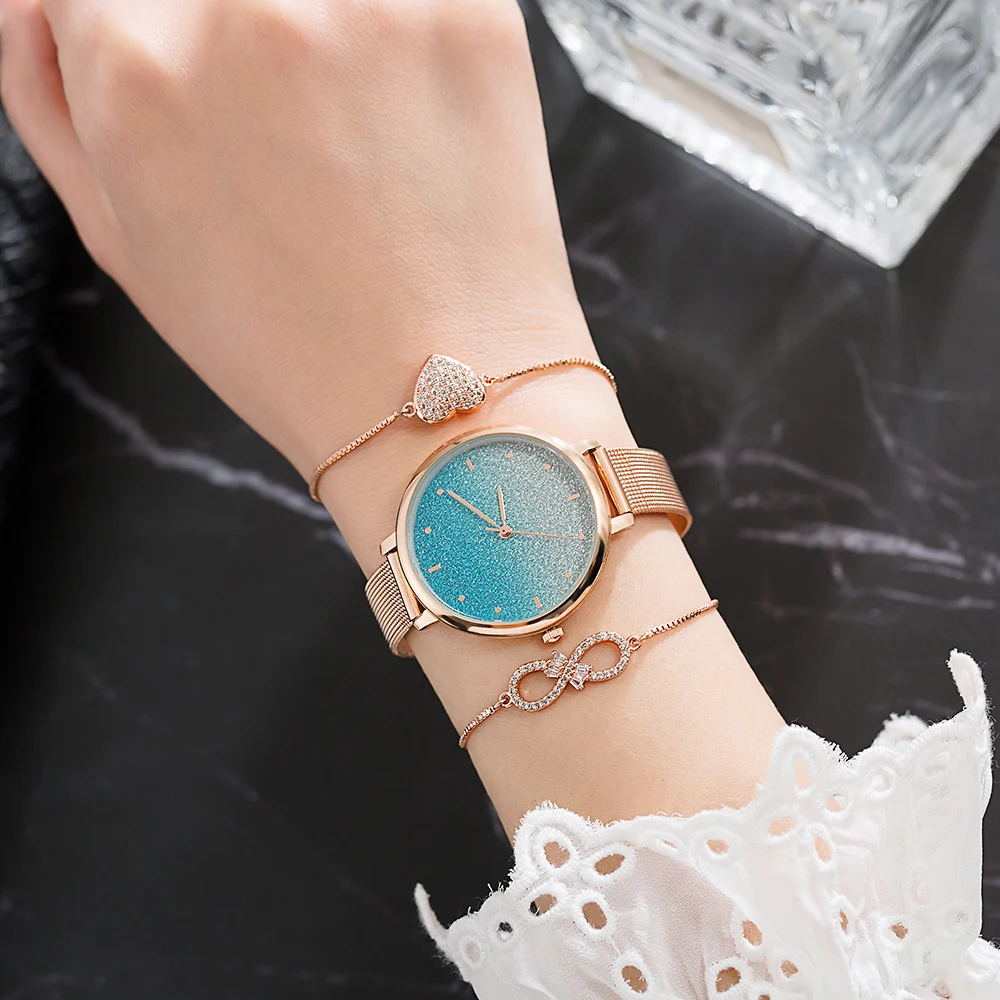 

Naidu Rose Gold Women Watches Sets Star Sky Face Quartz Clock Ladies Bracelet Watches Set With Boxes Women's Day Gift For Women