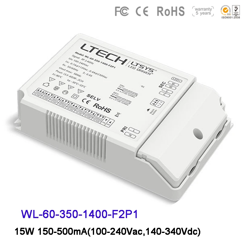 LTECH WL-60-350-1400-F2P1 светодиодный интеллектуальная система для водителя 15 W 150-500mA (100-240Vac, 140-340Vdc) Мощность питания для Светодиодный свет