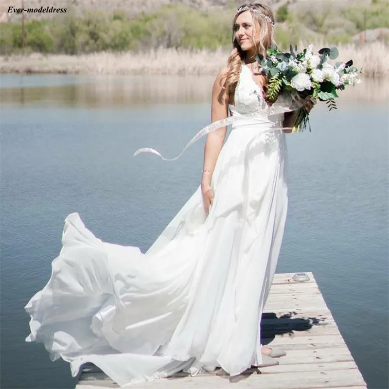 

2019 Bohemian Lace Chiffon Wedding Dresses Deep V-Neck Corset Back Western Country Mariage Gowns Summer Beach Bride Dresses