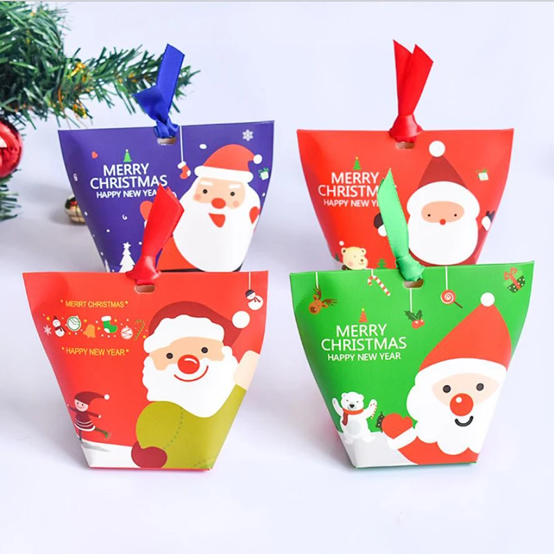 

(24 pieces/lot) Merry Christmas And Happy New Year Candy Box Red Green Purple Santa Paper Gift Bag Candy Container For Kids B075