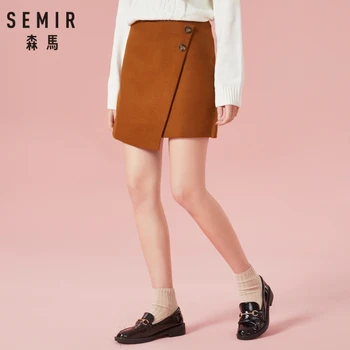 

SEMIR Women Short Wrapover Skirt in Soft Wool-Like Fabric with Front Button Fastener Concealed Zip at Back with Asymmetric Hem