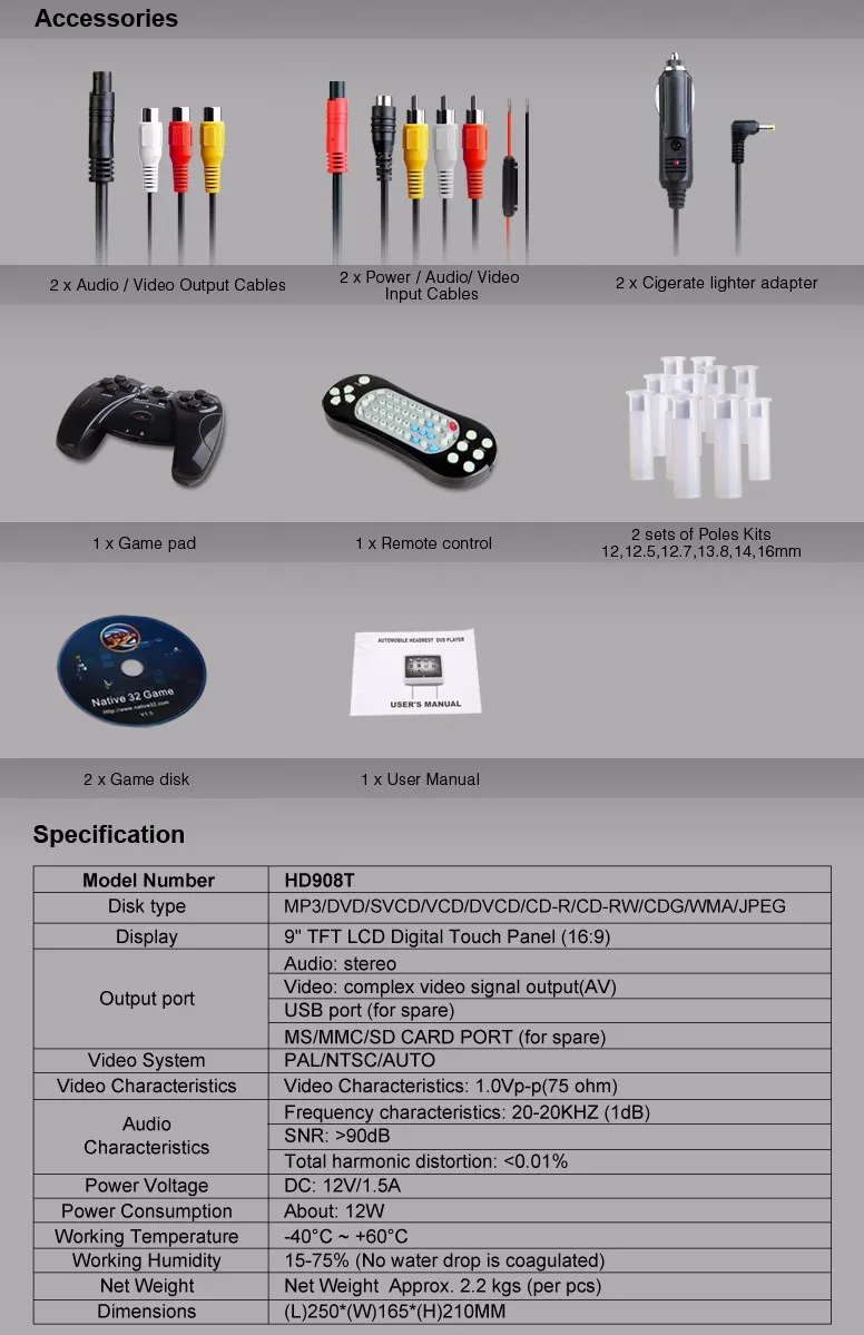 Perfect 2x9" Black Color Touch Screen Car Headrest DVD Player with 2 IR Headphones 8 Bits & 32 Bits Games (Beige & Grey Optional) 7