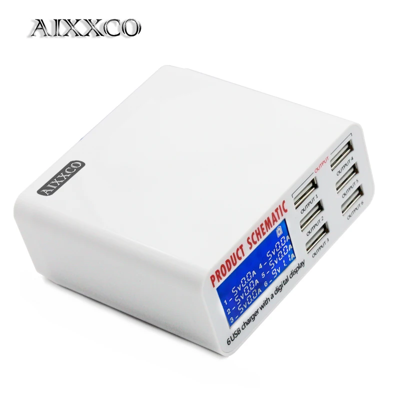 Pаспродажа AIXXCO 6A с ЖК цифровым дисплеем, 6 портов, font b USB b font зарядное устройство, быстрая умная зарядная станция для смартфонов, планшетов, ПК