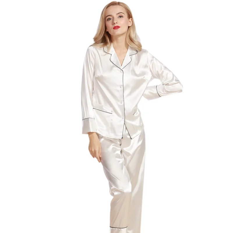 Женские длинные пижамные комплекты Летние повседневные женские шелковые шелковистые пижамы из искусственного атласа, брюки, костюм для сна TZ320 - Цвет: Белый