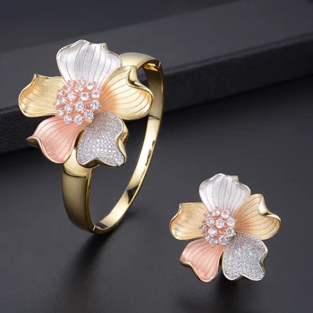 

missvikki Brand Big Blooming Flowers Bangle Ring Jewelry Set Accessories For Women Bridal Wedding Anniversary Gift Bijoux