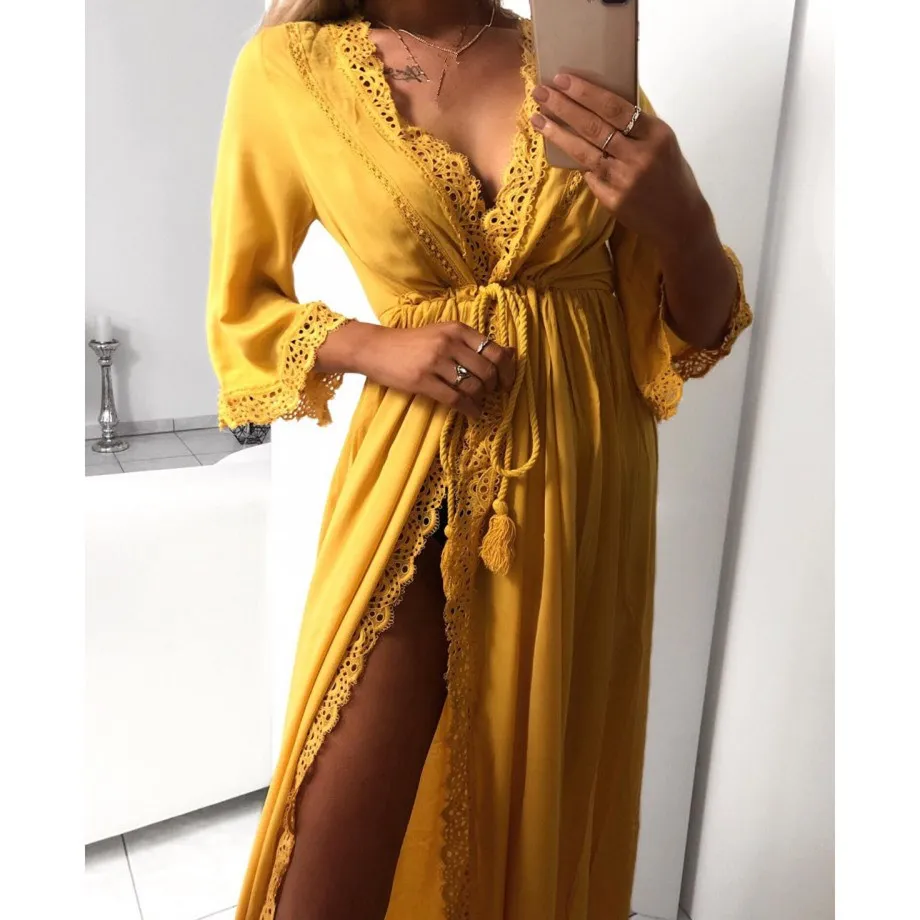 

Fashion 2019 Summer Hollow Out Long Lace Dress Women V Neck Long Sleeve Bohemian Dress Empire A-Line Beach Party Dress