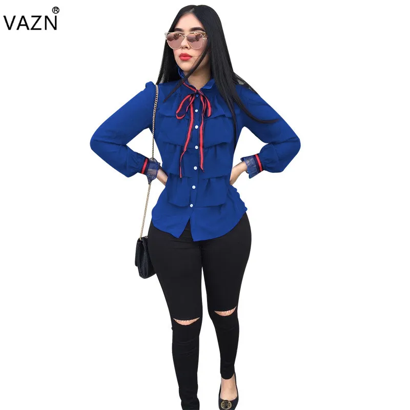 

VAZN Spring High Quality Fashion Women Solid Blue Chiffon Slim Tops Sexy Lace Collar Full Sleeve Lady Plus Size Slim Tops PY8256