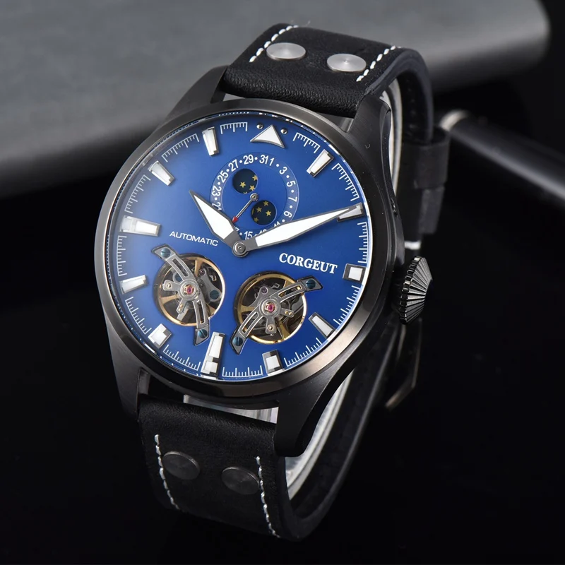 

Corgeut 46mm Mens Automatic Watch Blue Dial Luminous Hands Black PVD Case WristWatch Date Flywheel Mechanical Watches CA3023PL