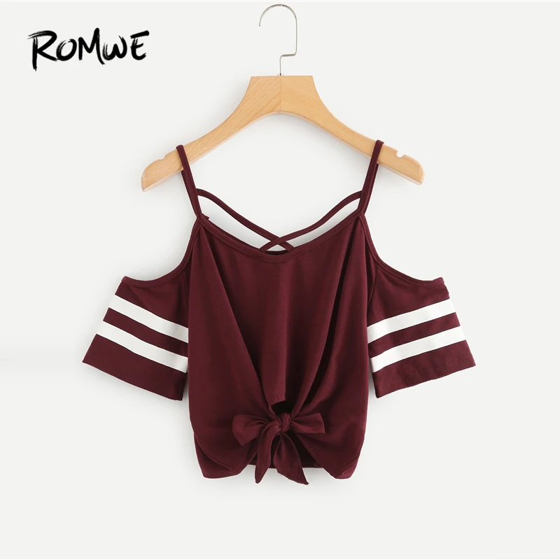 

ROMWE Open Shoulder Strappy Tie Front Tee 2019 Burgundy Summer Short Sleeve Striped Women T-shirt Spaghetti Strap Female Tops