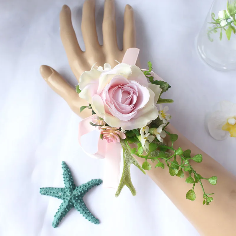 bride wrist corsage wedding flower  Groom Groomsman boutonniere Brooches rose artificial flower  (5)