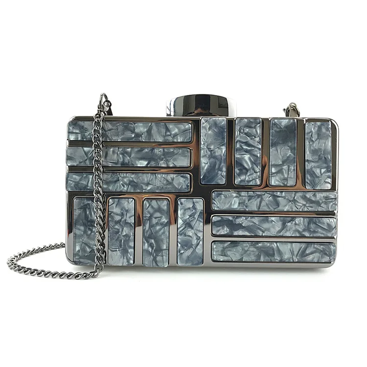 Blue Acrylic Clear Quilted Box Clutch Bags With Transparent Chain