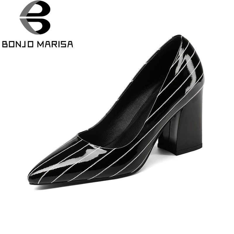 

BONJOMARISA Genuine Leather 2018 Cow Leather Slip On Square High Heels Women Shoes Woman Black Pumps Shoes Size 34-39