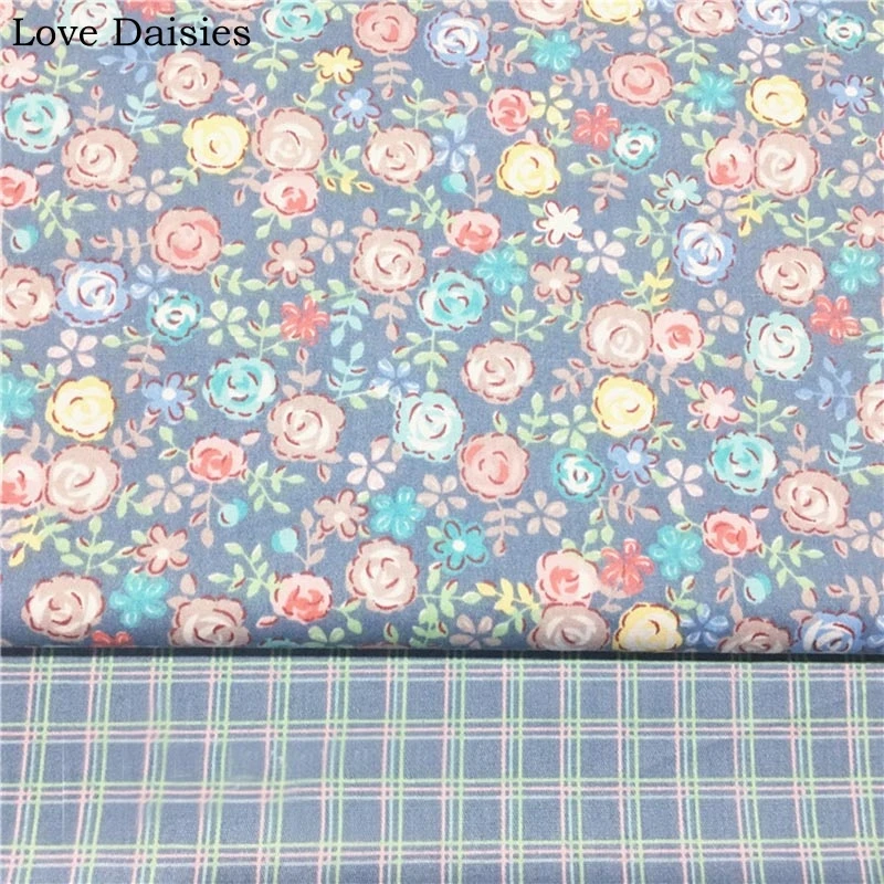 Хлопок саржа синий ретро маленькие розовые желтые синие розы клетчатые ткани для комплект кровати «сделай сам» платье пэчворк ручная работа