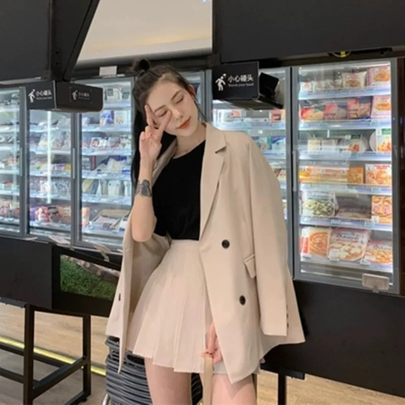 

Fashion Solid color suit elegant retro suit collar single breasted commuter suit+ Slim high waist pleated skirt Two-piece set