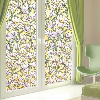 

European Oil Painting Yellow Magnolia Orchid Flower Static Cling Stained Glass Window Film Privacy Textured 30-90cmx2m/roll