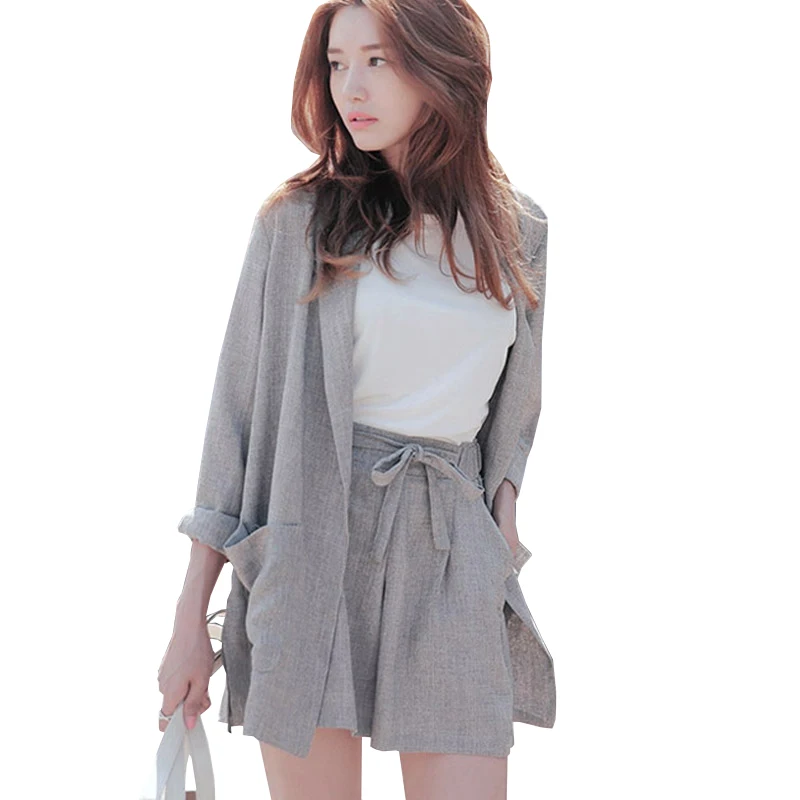 

2018 New Cotton Line Blazer Women's Sets Single Button Slim Thin Blazer Coats Elastic Waist Drawstring Shorts Office Lady Mw374