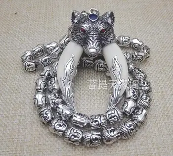 

Langya double tooth Pendant Necklace peace evil Buddha head Tibet silver chain