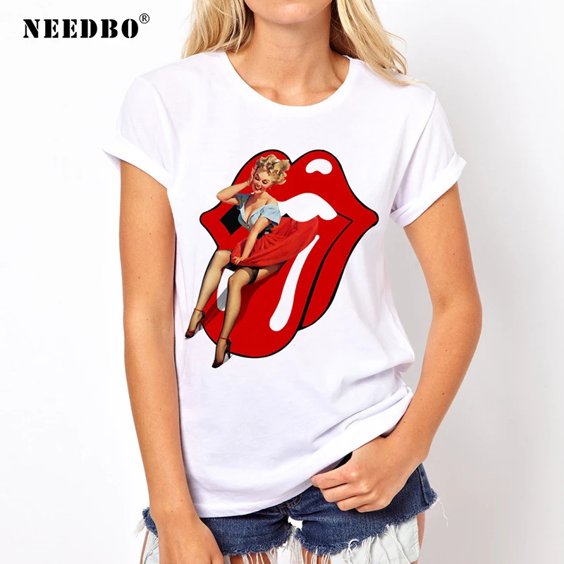 Женская футболка забавная Сексуальная Повседневная Femme Imprime Red Lips круглый вырез