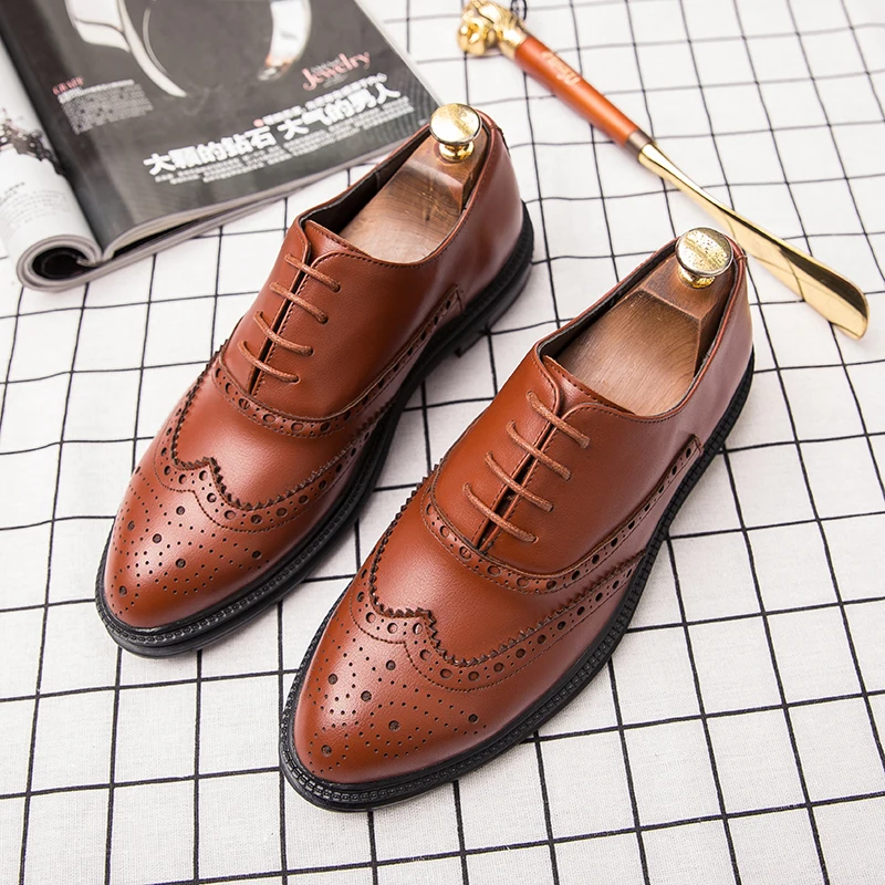 

2019 New Men dress shoes oxford shoes man business shoes male lace-up formal shoes men's genuine leather Bullock