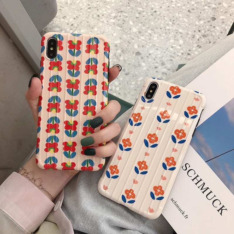 

VZD Cartoon Flower IMD Luggage Style Soft Case for iPhone Xs Xr Xs Max X 6 6s 7 8 Plus Full Body Phone Back Cover Gift for Lover