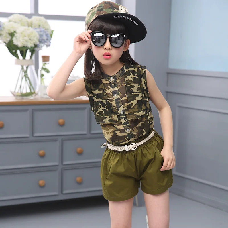 الفتيات ملابس الصيف دعوى 2019 ملابس كاجوال مجموعة للأطفال الأطفال 6 8 12 سنوات التمويه سترة + السراويل 2 قطعة وتتسابق للفتيات