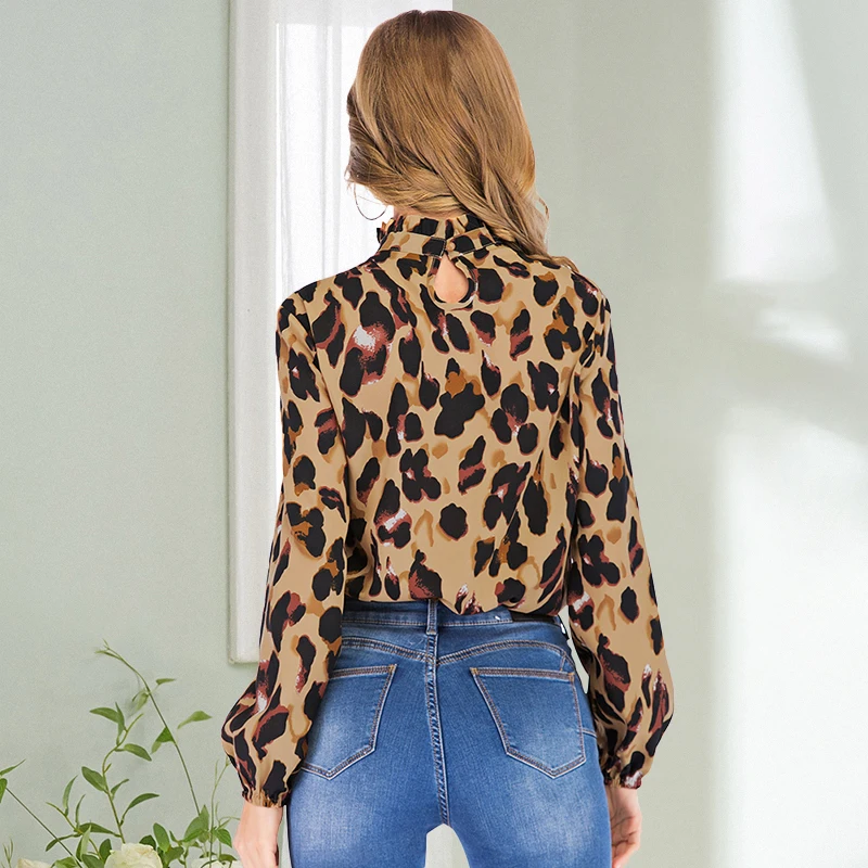 Versear النساء بلوزة عصرية عارضة الياقة المدورة ليوبارد طباعة كم طويل البلوز قمم المرأة أنيقة الخريف قمصان Blusas موهير