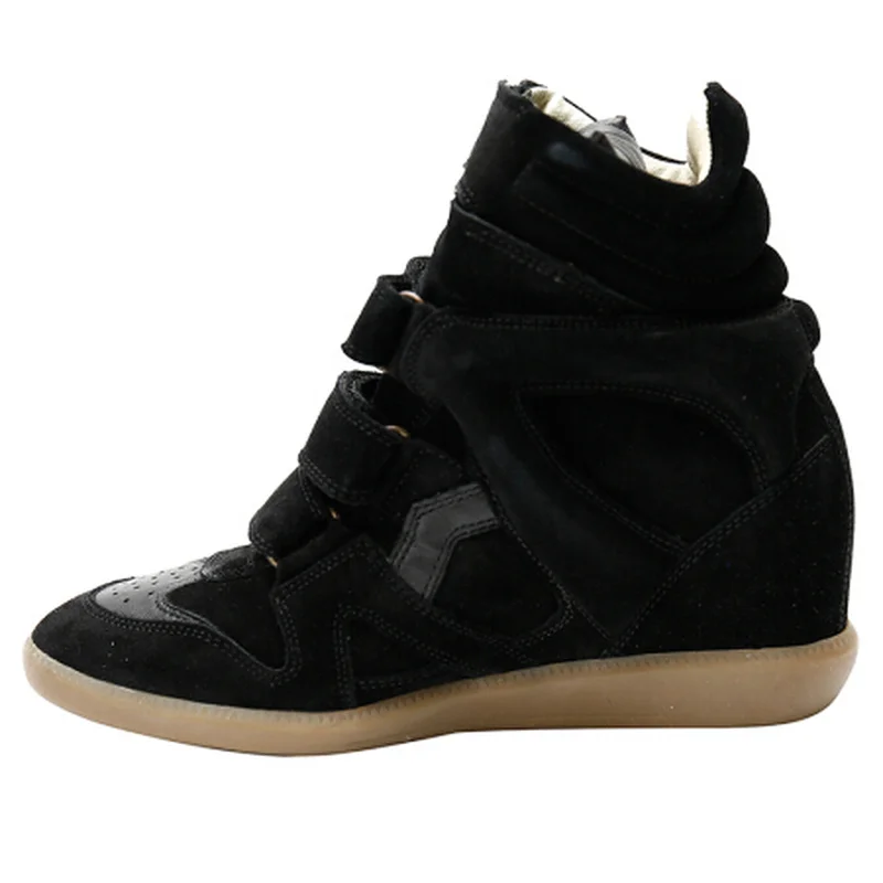 

Luxury Fashion Brand Genuine Leather Height Increasing Casual Shoes Women Hidden Wedges Sneakers Hook Loop Trainers High Top