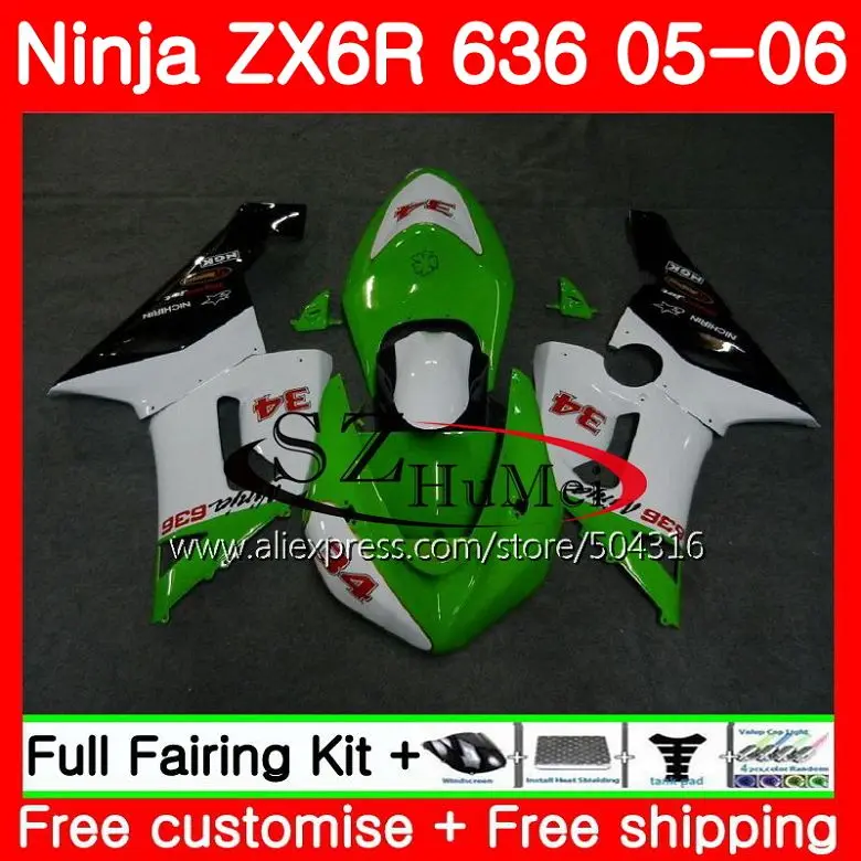 

Body For KAWASAKI NINJA 600CC ZX 6R 05-06 ZX-636 Green white ZX636 9SH14 ZX6R 05 06 ZX600 ZX 636 ZX-6R 2005 2006 Fairings kit