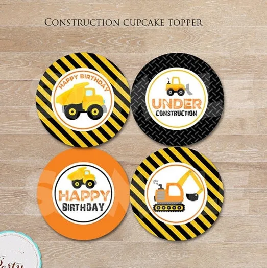 

Construction Party Circles Sticker Dump Truck Cupcake Toppers Birthday Party Decorations Kids Sticker Label for Birthday Candy